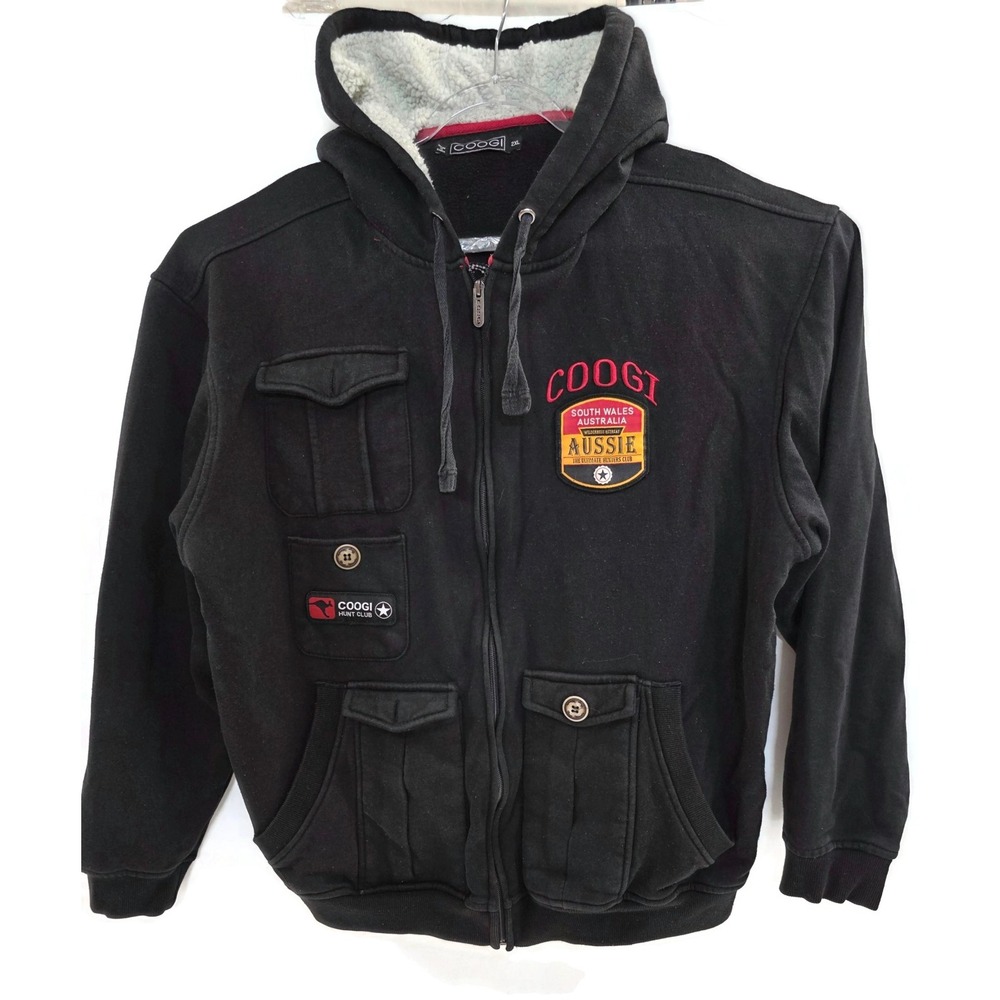 Coogi Hoodie Mens 2XL Black Aussie Hunt Club Sherpa Lined Zip Jacket Sweatshirt